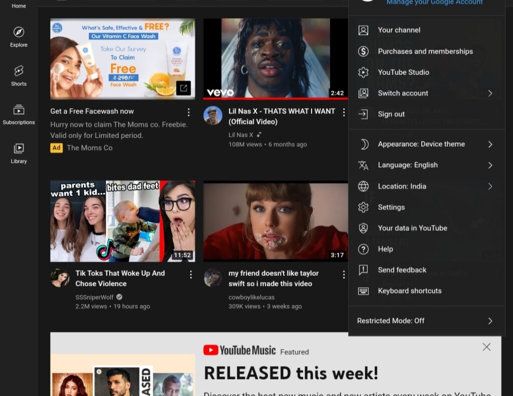 Click on your profile to open the YouTube menu