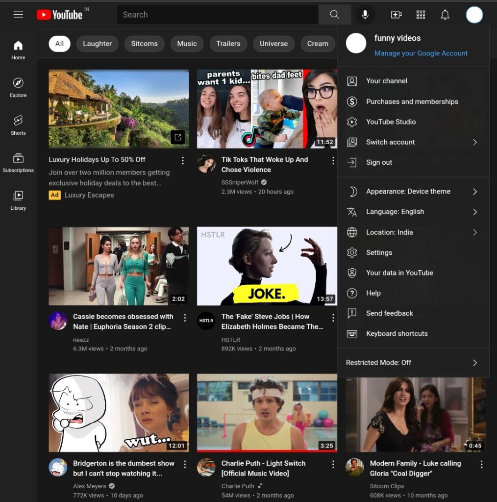Open the YouTube menu and choose My Channel