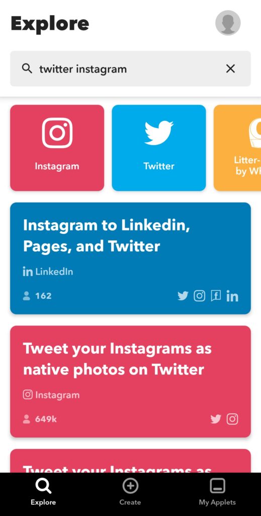 Search for Twitter Instagram related applets