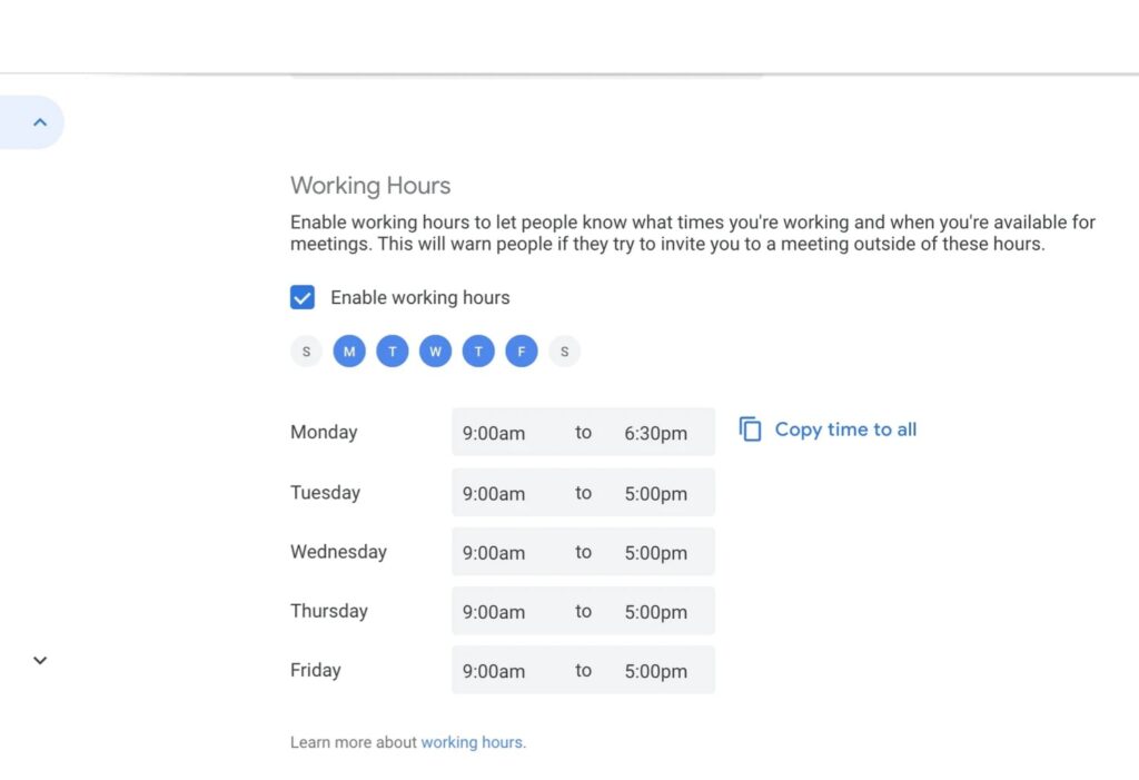 Enter your respective working hours for each day of the week you work.