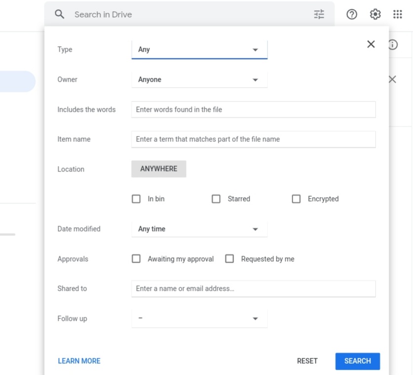 Select the advanced search to locate any file or folder on Google Drive.
