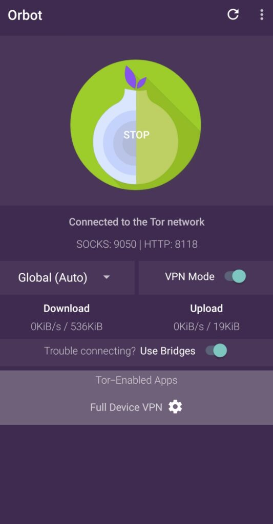 Press the Start or Stop button on the Orbot App to connect or disconnect to the proxy server.