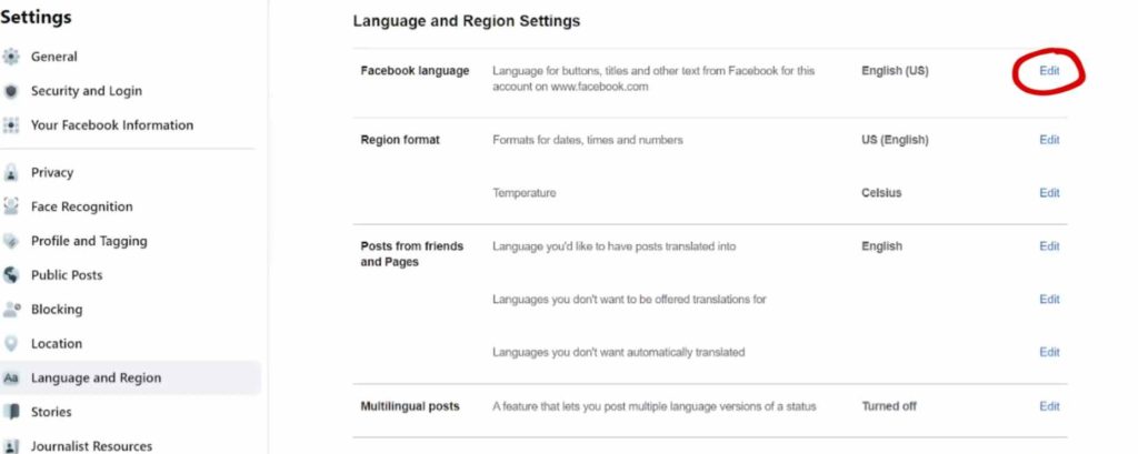 Change language on Facebook by clicking on the edit option. 