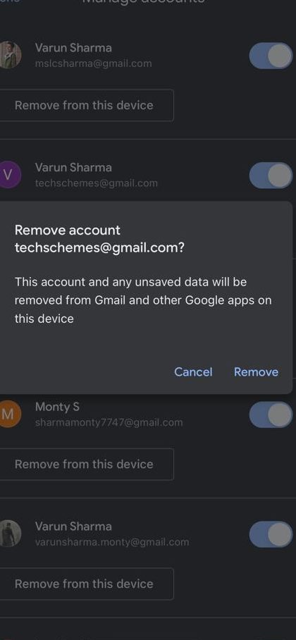 remove account option on gmail iphone