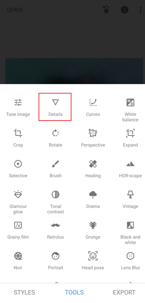 details option in Tools menu Snapseed