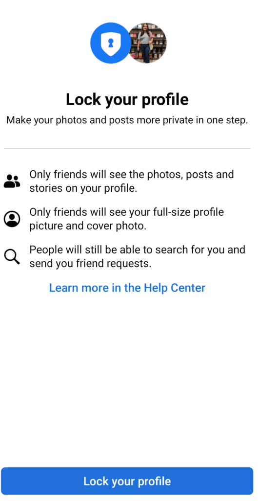 lock your profile confirmation on facebook app