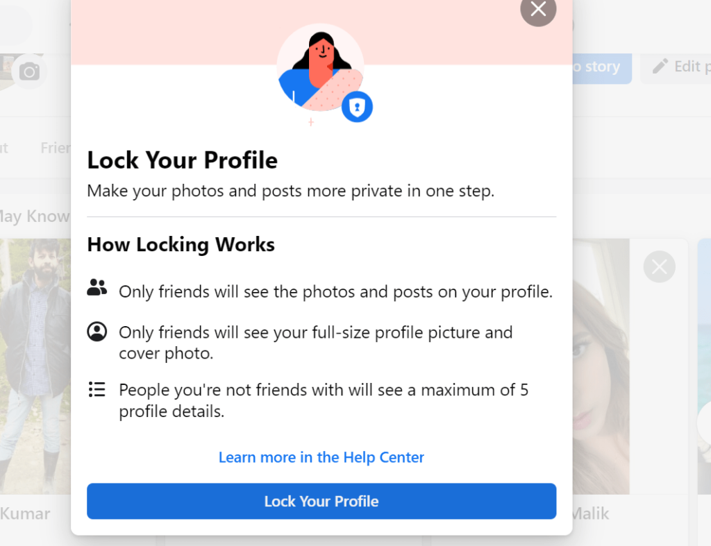lock your Facebook profile button on browser