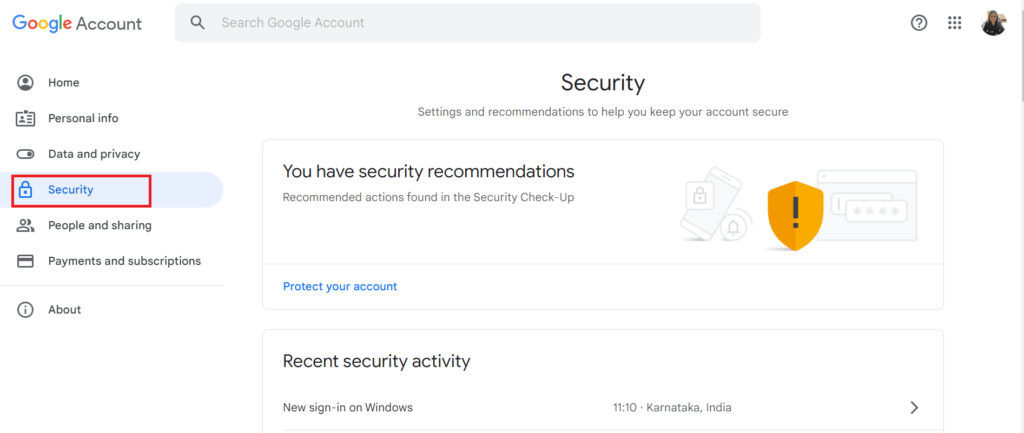 Security Settings on Gmail desktop