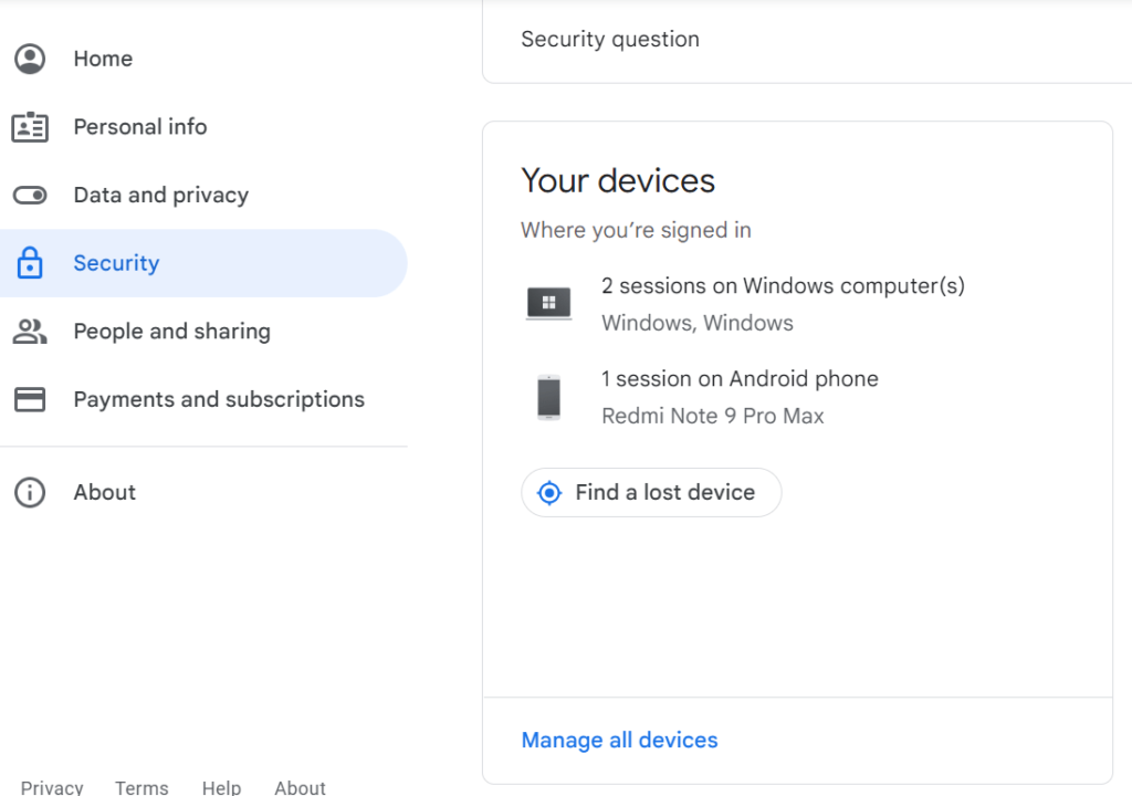 Your devices in Security Settings 