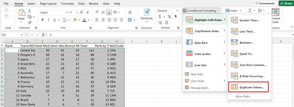 Find duplicate values through conditional formatting