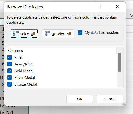 Remove Duplicates pop up box in Excel