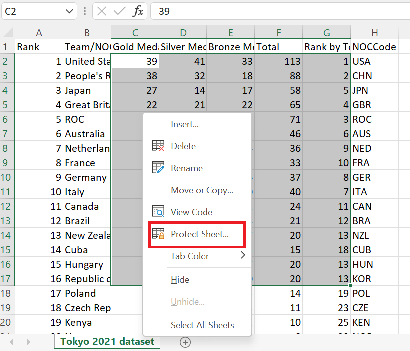 Protect sheet option after locking cell in Excel to prevent editing