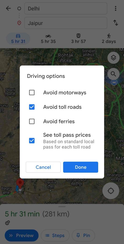 Tap on the button to avoid tolls on Google Maps