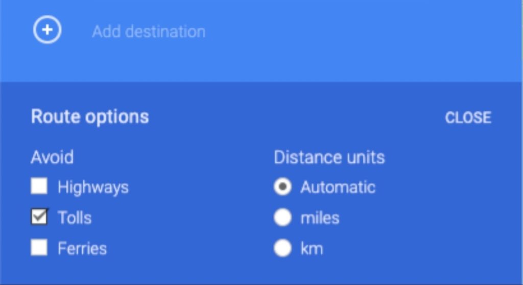 Click on the options icon to avoid tolls on Google Maps