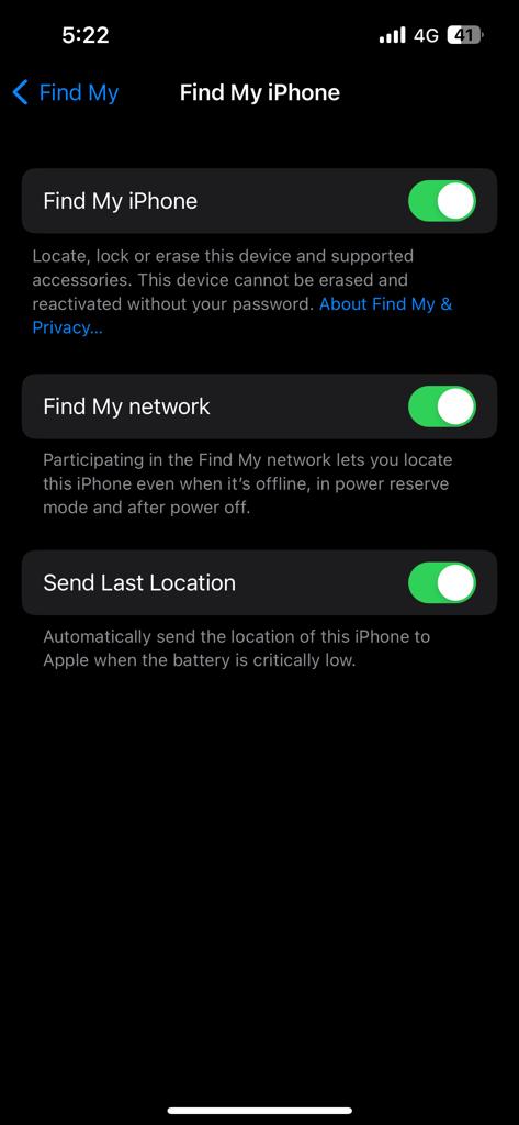 Click on the toggle to turn off the Find My Phone settings.