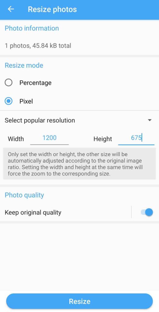 Resize the photo and turn on the keep original quality toggle. 