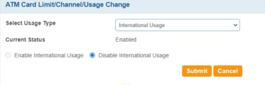 Change the usage type accordingly to enable international transaction on SBI debit card