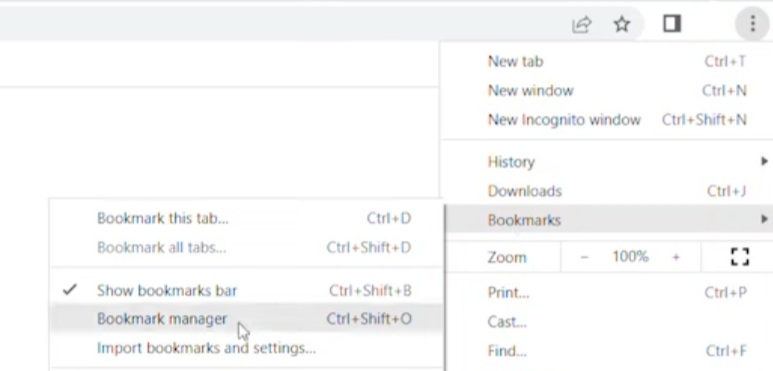 To export Chrome bookmarks go to the bookmark manager option on the browser.