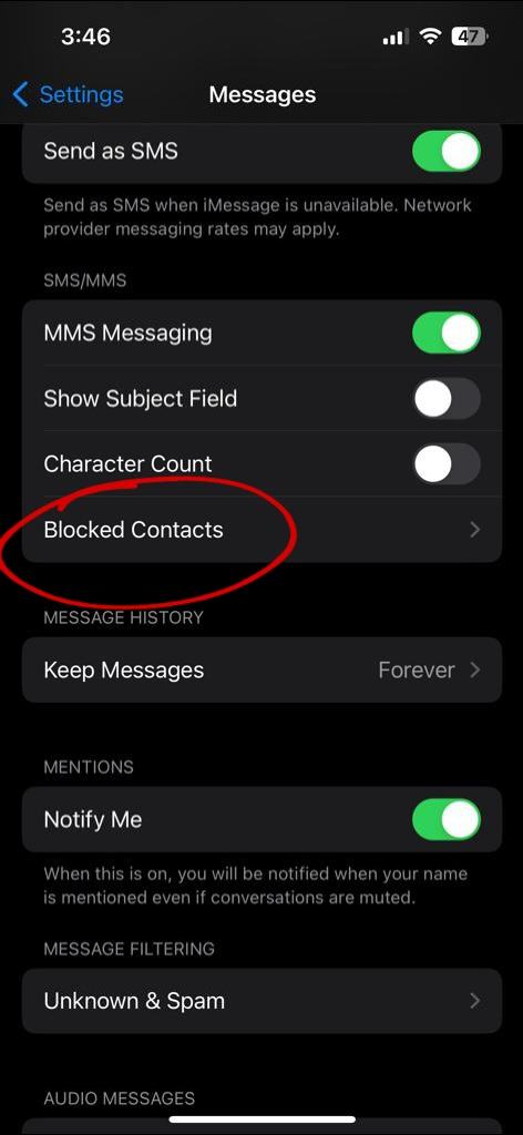 Unblock contacts on iPhone from the message settings.
