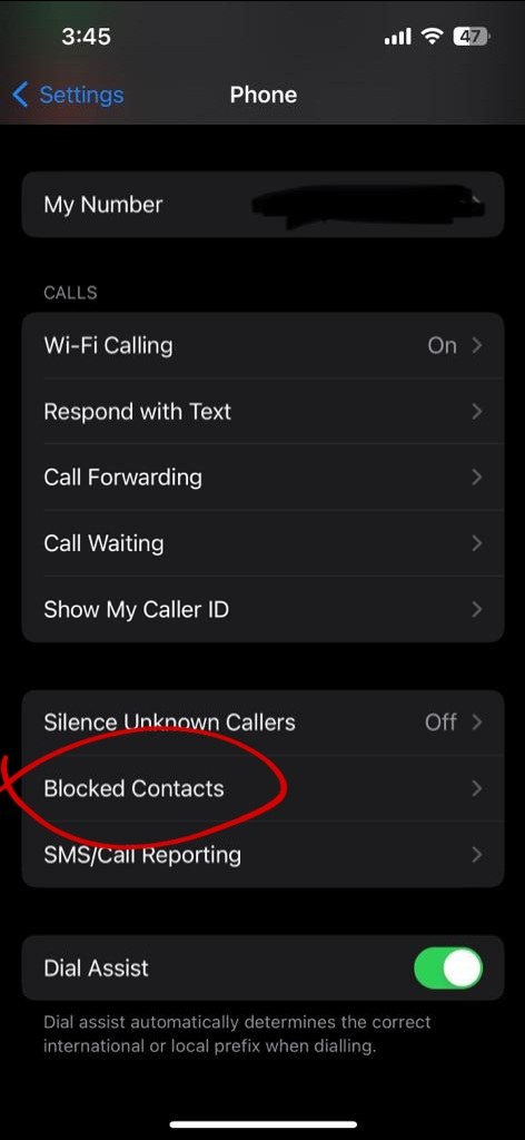 Go to the Phones settings and find the list of blocked contacts. 