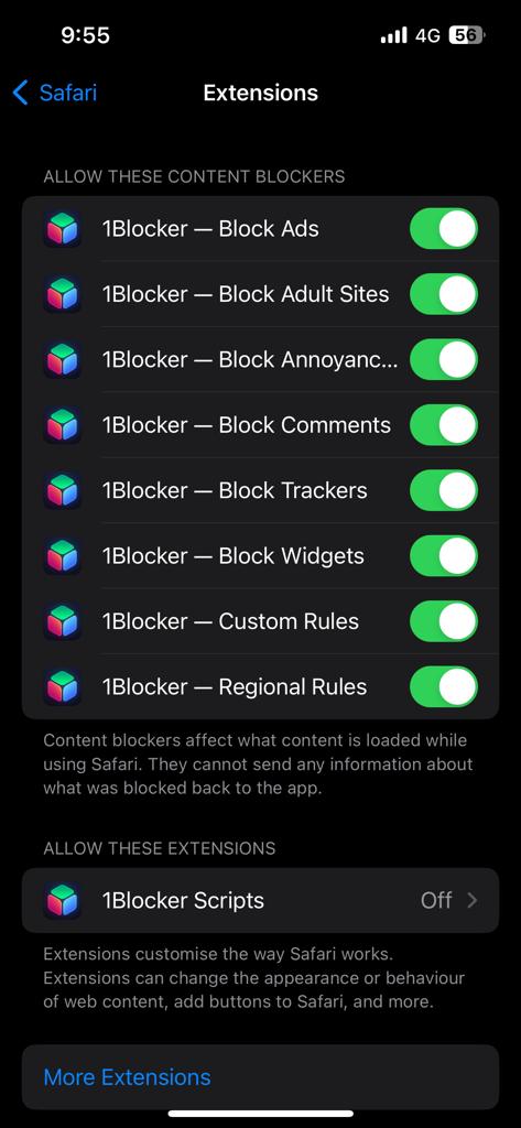 Enable 1blocker for blocking ads on iPhone
