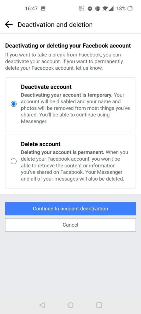 Deactivate or delete your facebook account