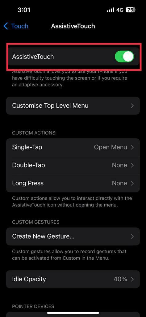 Toggle on assistiveTouch to take screenshot on iPhone