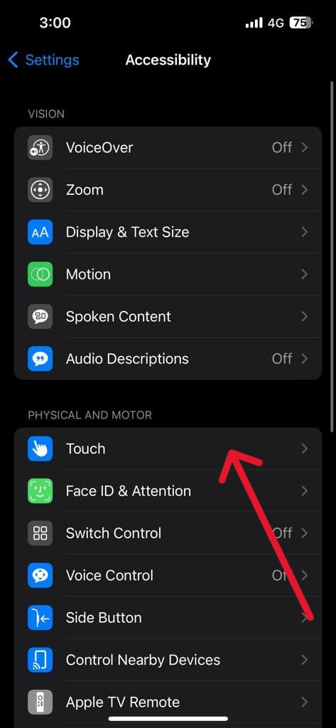 Click on touch in accessibility menu
