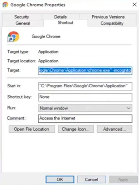 Open incognito mode by default to delete Chrome history automatically 