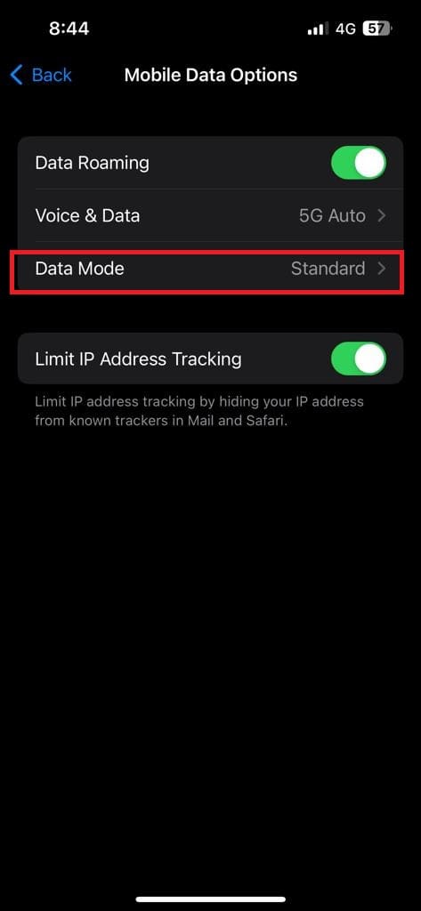 Data mode on iPhone