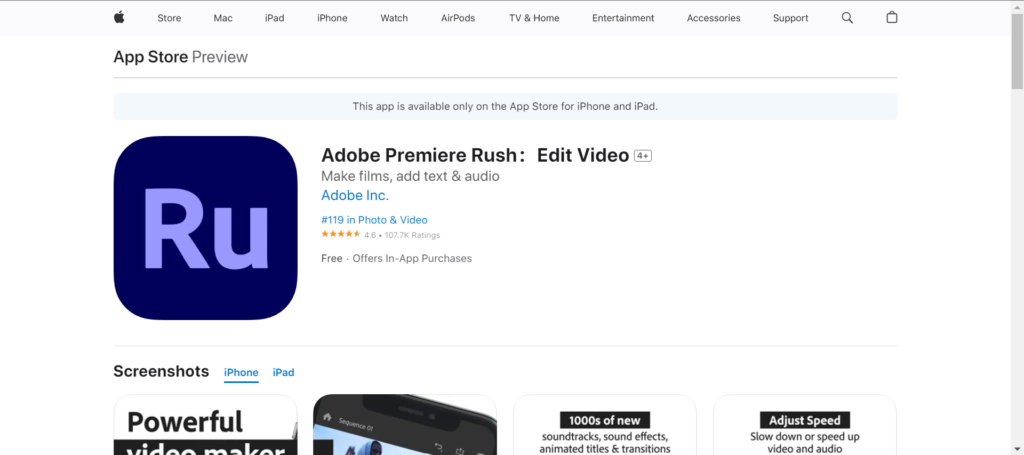 Adobe Premiere Rush premium video editing app for iPhone