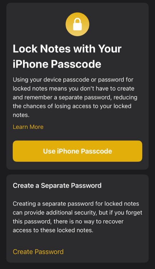 Create a password to secure the note and hide photos on iPhone. 