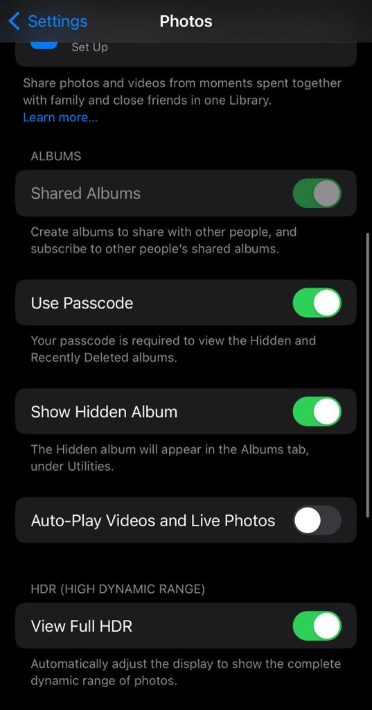 Turn Off the toggle to show hidden albums to hide them. 
