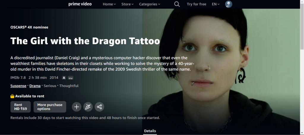 The Girl with the Dragon Tattoo , watch movies on hackers on amazon prime video