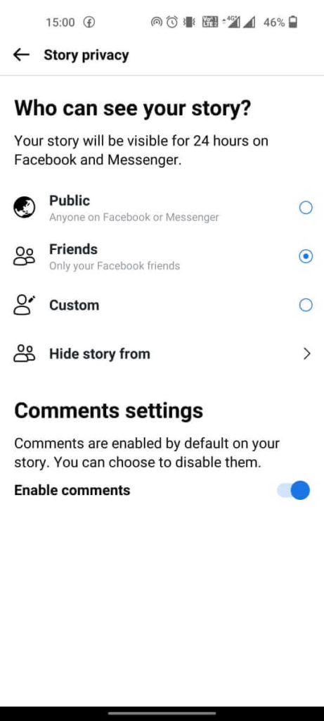 Choose your preferred option to to hide Facebook story