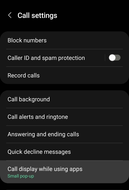 Go to "call display while using the app" under call settings.
