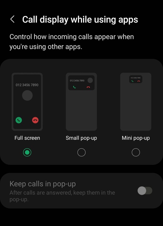 Set full screen call display to fix incoming calls not showing error.