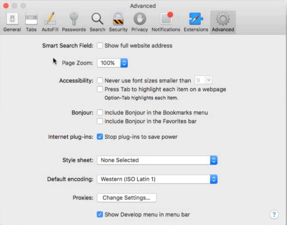 Go to advance and the Tick on the "show develop menu in the menu bar" option at the bottom. 