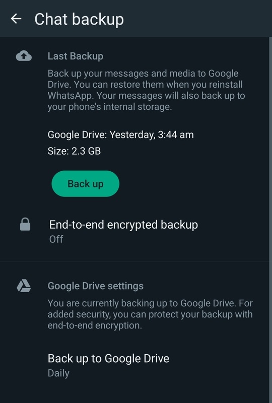 Under chat backup you can backup the data to google drive or internal storage