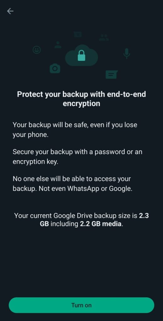 Turn end to end encryption to secure backup and restore chats