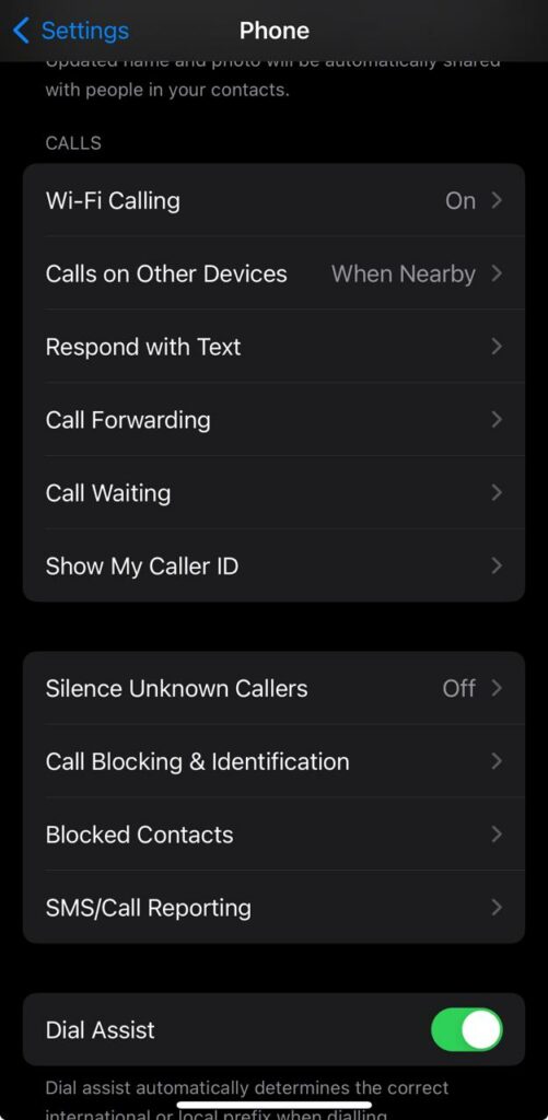 Access Settings for call forwarding 