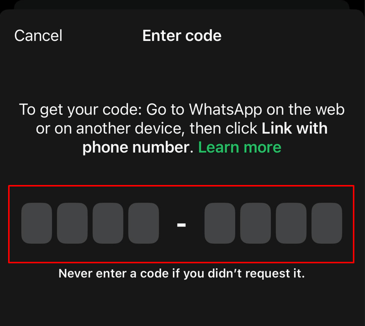 Link with phone number instead - enter code for whatsapp web login