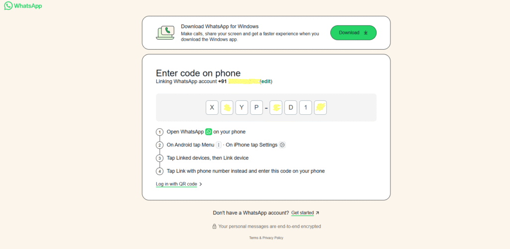 Login with phone number desktop code