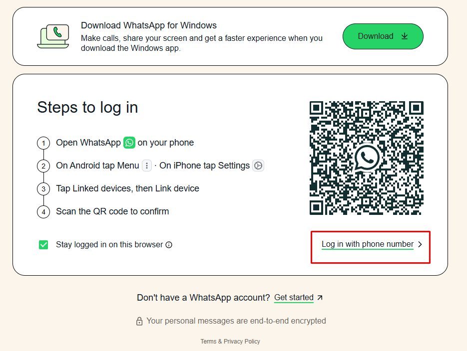 Log in with phone number on whatsapp web